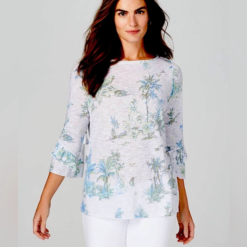 J. Jill Linen Palm TreeTropical Floral Top with Ruffle Edge Sleeves size L